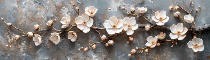 Delicate white flowers on a grey textured background.