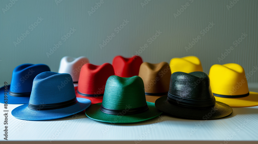 Aufkleber a row of hats of different colors and styles are displayed on a table. the hats are arranged in a ne