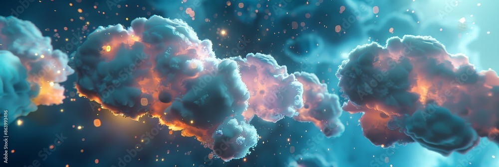 Poster abstract cloudscape with glowing particles - a digital art piece features a surreal dreamscape with 