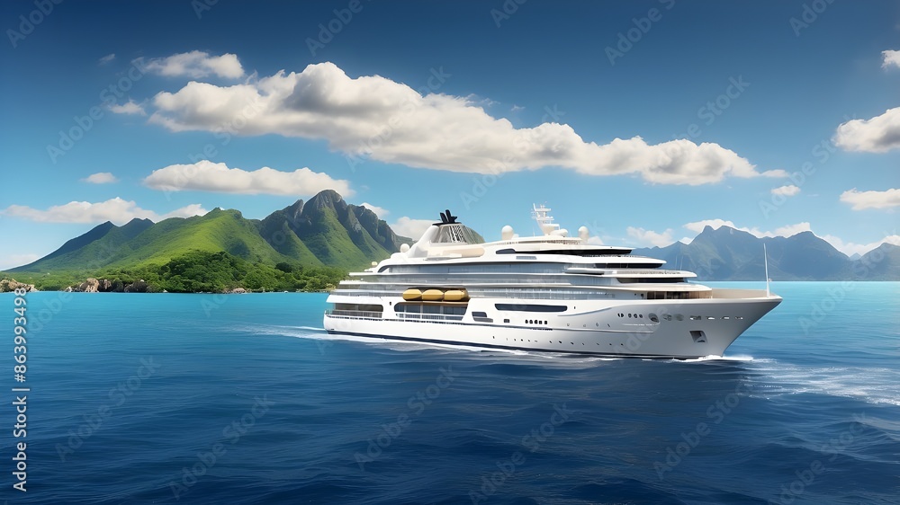 Aufkleber elegant cruise ship or yacht floating in the midst of the ocean next to an island and mountains sett