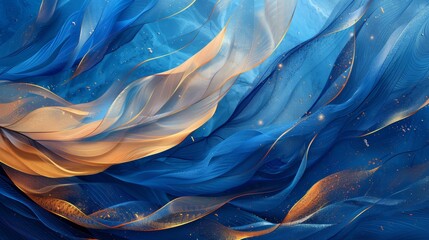 Abstract swirling blue and gold paint texture. Dynamic flowing pattern. Artistic background.