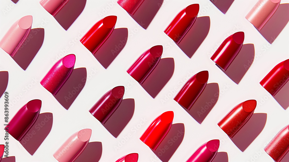 Poster a row of red lipsticks are displayed in a row. the lipsticks are of different shades and sizes