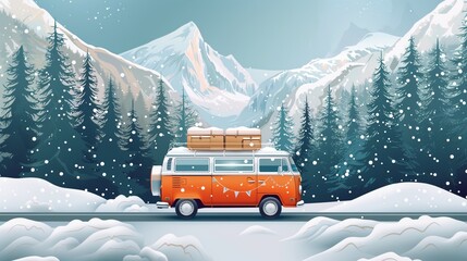 Flat vector illustration of vintage camper van in beautiful outdoors in winter