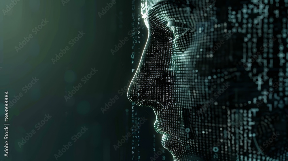 Poster digital portrait: a human form composed of binary code - a digital portrait of a human face, compose