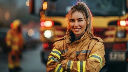 Fototapeta premium Firefighter Woman Posing in Front of Fire Truck - A female firefighter in a uniform with yellow stripes stands in front of a fire truck in a confident pose. She looks at the camera with a smile.