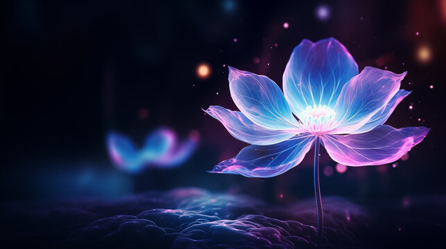 A single glowing blue flower against a starry night sky. Desktop wallpaper