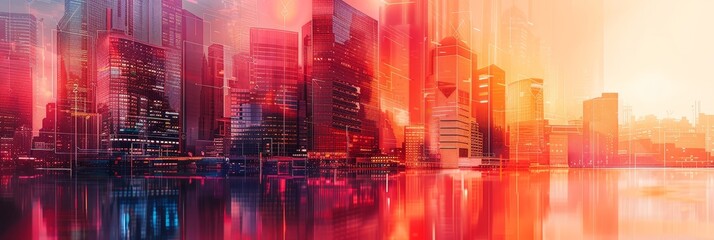 Obraz premium Cityscape with Red and Orange Hues - A futuristic cityscape is bathed in warm red and orange hues, creating a vibrant and energetic atmosphere.