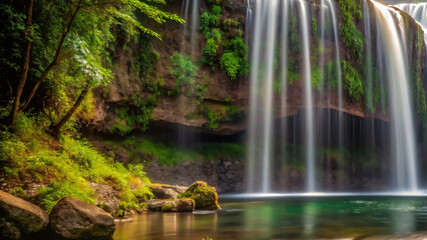 Cascading water tumbles over moss-covered rocks in a beautiful forest waterfall