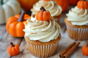 Seasonal pumpkin spice cupcakes, a fall favorite revisited, topped with cinnamon cream cheese frosting and a tiny fondant pumpkin