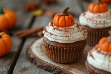 Seasonal pumpkin spice cupcakes, a fall favorite revisited, topped with cinnamon cream cheese frosting and a tiny fondant pumpkin