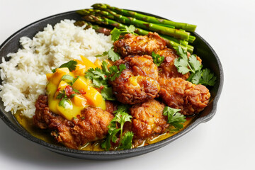 Tasty Cast Iron Skillet Curry Fried Chicken with Mango-Yogurt and Asparagus
