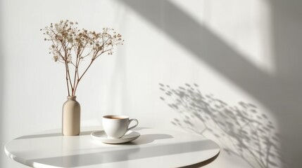 A cup of coffee in a minimalist white room with a decorative vase beside it.
