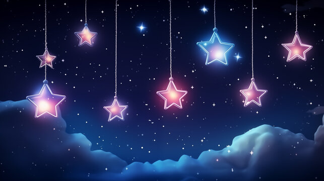 Decorative violet five-pointed shining stars hang in the background of the night sky