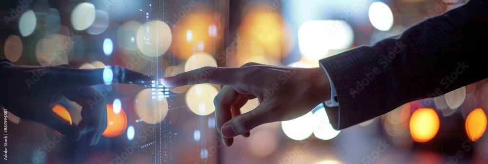 Poster a hand reaching through a digital interface - a hand reaches out from behind a digital interface tow