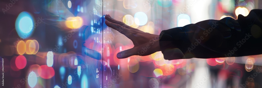 Poster hand interacting with a digital interface - a hand reaches out to touch a digital interface filled w