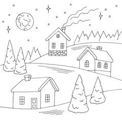 Fototapeta premium Winter village exterior graphic black white fir tree landscape sketch illustration vector 