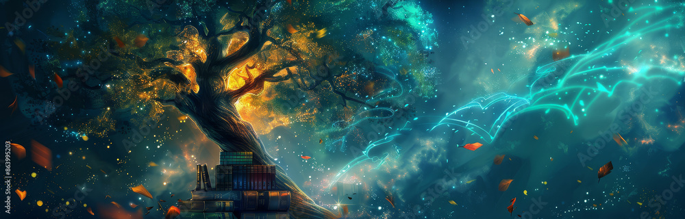 Poster a tree of knowledge glowing with magic - a magical tree glows with golden light, surrounded by blue 