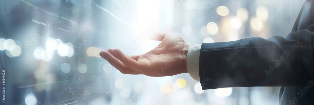 Poster man's open hand reaching towards light and digital interface - a man's hand reaches out towards an i