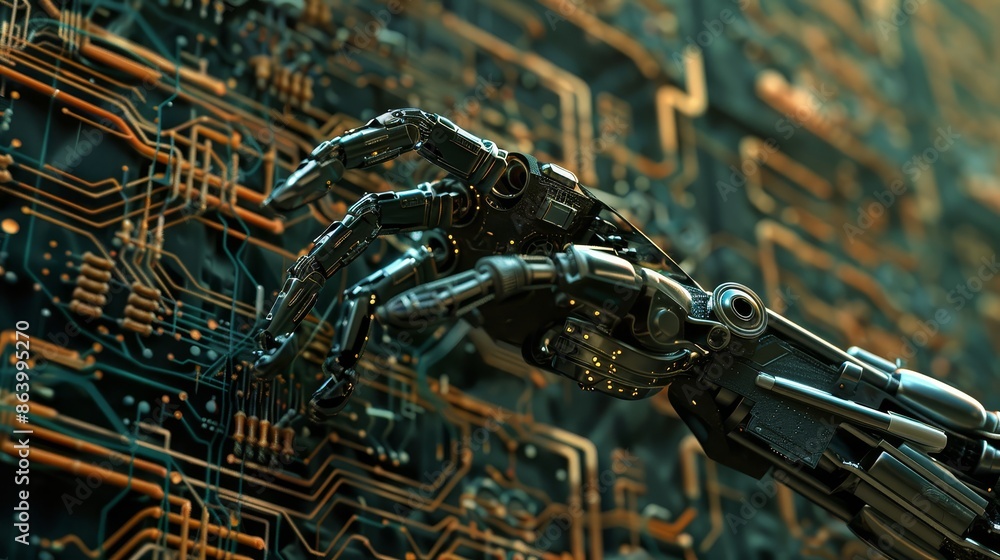 Poster metallic robotic hand reaching out on a circuit board - a metallic robotic hand, with intricate deta