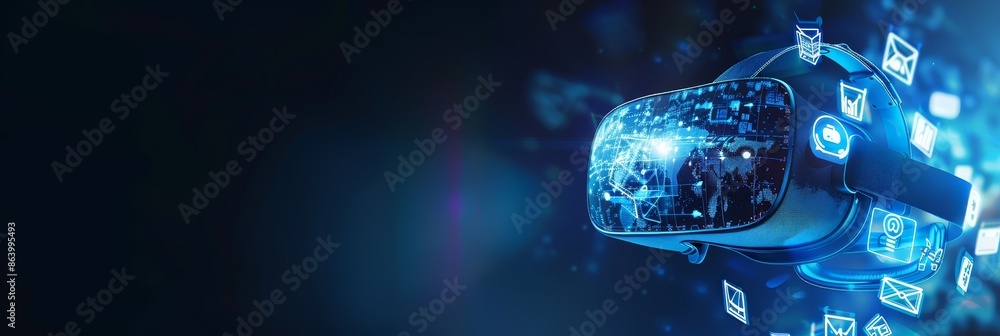 Poster vr headset with futuristic digital interface and network symbols - a modern virtual reality headset 