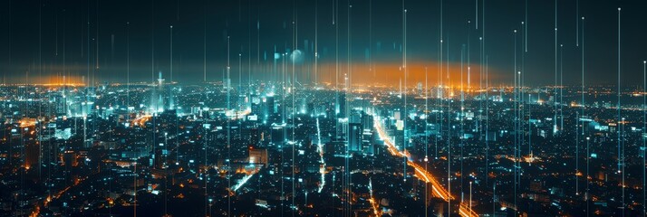 Fototapeta premium Night Cityscape with Digital Rain - A panoramic view of a city at night, illuminated by streetlights and glowing with digital rain.