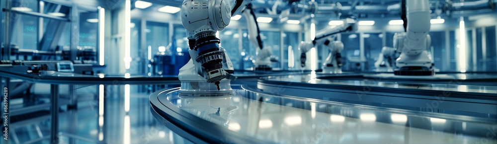 Poster industrial robotic arm in a modern factory setting - a robotic arm, part of an automated production 