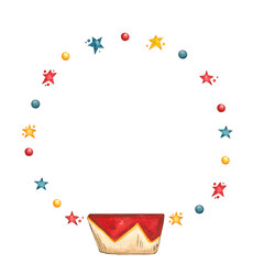 A round frame of yellow, blue and red stars and balls, with a circus stand at the base. Hand drawn watercolor illustration. Drawing for cards, albums, invitations.