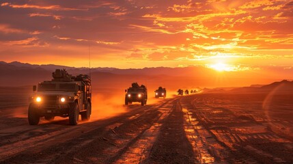 Convoy of military vehicles, transporting essential equipment on a rugged road, dynamic scene with dust trails