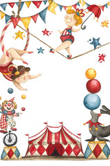 Colorful poster, circus, animals and performers against the background of flags and stars. Hand drawn watercolor illustration. Drawing for posters, cards, invitations. © DemiLenka