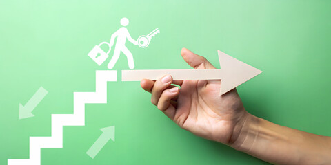 Abstract Background. Hands holding arrows in ladder of success concept and tips for doing business. green, target, achievement, leadership, progress, strategy