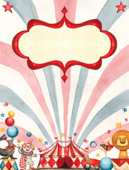 Colorful poster, circus, animals and performers on a striped background. Hand drawn watercolor illustration. Drawing for posters, cards, invitations. © DemiLenka