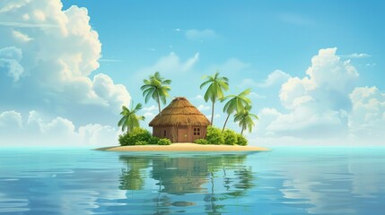 Vector illustration of beautiful scenic landscape of tropical sea island with palm tree and house