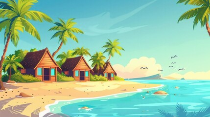 Obraz premium Vector illustration of beautiful scenic landscape of tropical sea beach.