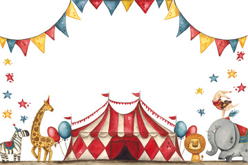 Bright, cheerful, children's poster with a circus. Watercolor illustration is suitable for decoration of children's parties, cards, children's bedroom, clothing. Circus, tent, big top, retro