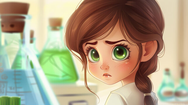 A young girl with big green eyes and brown hair dresses as a physics professor in a lab.