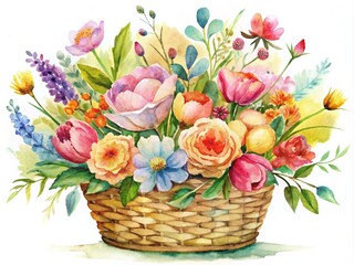 Obraz premium Whimsical Watercolor Flower Basket Illustration - Perfect for Artistic and Decorative Use