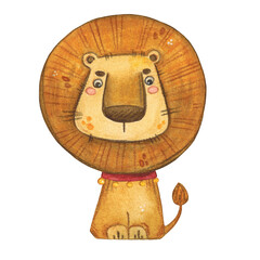 Lion in a red collar and bells, watercolor illustration in children's style. Circus, carnival, children, fun, holiday, birthday, show, performance, lion,