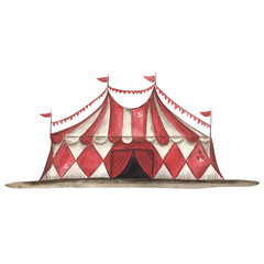 Circus tent in red and white stripes, watercolor illustration in children's style. Circus, carnival, children, fun, holiday, birthday, show, performance, tent, red, white © DemiLenka