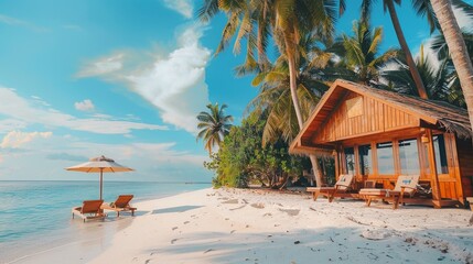 House and palm tree on sandy beach