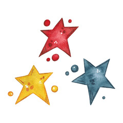 Obraz premium Three stars red, yellow, blue isolated on white background. Watercolor illustration hand drawn in childish style. Clipart for stickers, cards, posters. star, red, blue, yellow, show, decoration