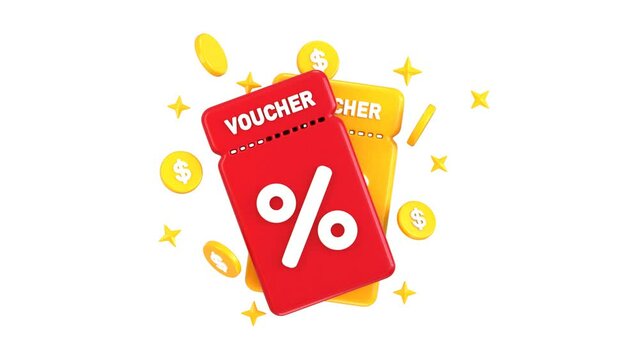 discount voucher with golden coins icon animation 3d render concept of 3d discount coupon 3d animation