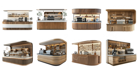 Coffee booth counter png set collection in 3d transparent no background.
