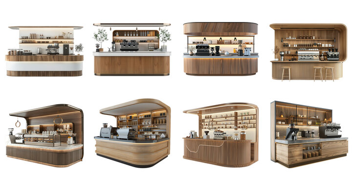 Coffee booth counter png set collection in 3d transparent no background.