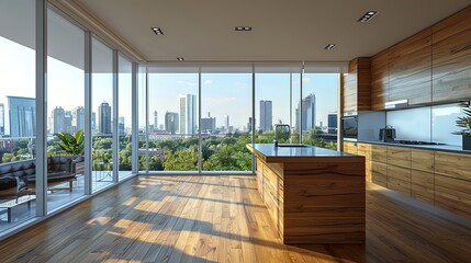 Bright and airy modern kitchen featuring stylish wooden elements, large windows with an expansive city view, sleek surfaces, and an inviting space ideal for family gatherings.