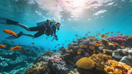 Scuba diver diving on tropical reef with blue background and reef fish