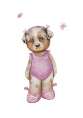 puppy ballet dancer watercolor illustration