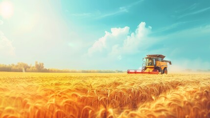Fototapeta premium Harvest Time in a Golden Field - A yellow combine harvester works in a field of golden wheat under a bright, blue sky with fluffy clouds.