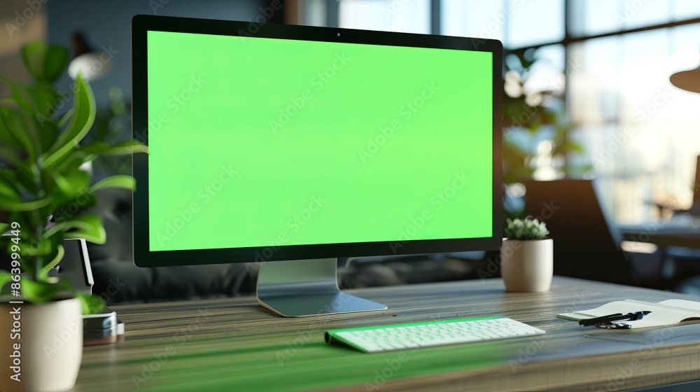 Poster modern workspace with computer and green screen. minimalist office design with monitor, keyboard, an