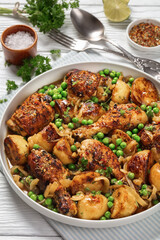 Chicken Vesuvio in a baking dish, top view