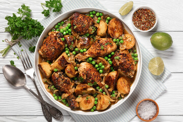Chicken Vesuvio in a baking dish, top view